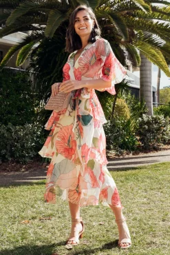 Midi Dresses<La Strada Natalie Pink Flower Silk Layer Dress