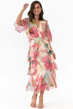 Midi Dresses<La Strada Natalie Pink Flower Silk Layer Dress
