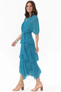 Midi Dresses<La Strada Natalie Teal Silk Layer Dress