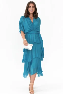 Midi Dresses<La Strada Natalie Teal Silk Layer Dress