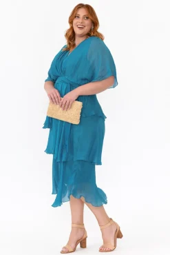 Midi Dresses<La Strada Natalie Teal Silk Layer Dress