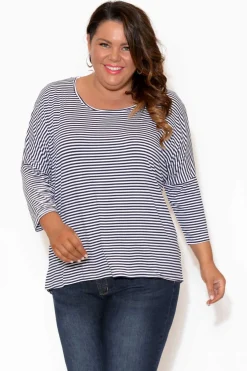 Sleeved Tops<Betty Basics Navy And White Stripe Milan 3/4 Sleeve Top