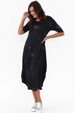 Midi Dresses<Tani Navy Dandelion Micro Modal Tri Drape Dress