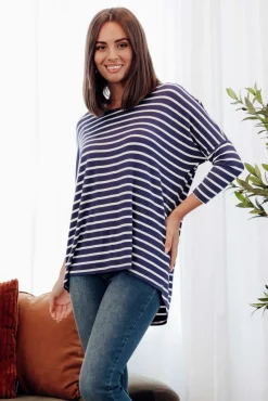 Sleeved Tops<Betty Basics Navy Parisian Stripe Milan 3/4 Sleeve Top