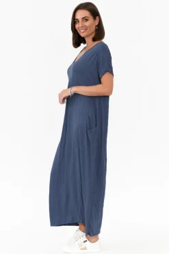 Cotton Dresses<Cotton Village Navy Pocket Crinkle Cotton Draped Dress