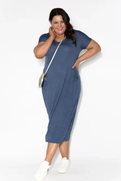 Cotton Dresses<Cotton Village Navy Pocket Crinkle Cotton Draped Dress