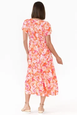 Maxi Dresses<New U Collection Naya Peach Blossom Shirred V Neck Dress