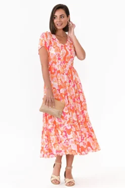 Maxi Dresses<New U Collection Naya Peach Blossom Shirred V Neck Dress
