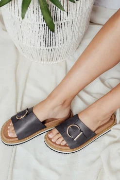 Slides<Nude Shoes Nellie Charcoal Leather Buckle Slide