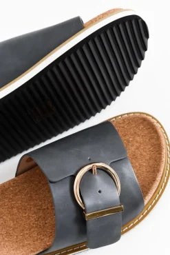 Slides<Nude Shoes Nellie Charcoal Leather Buckle Slide