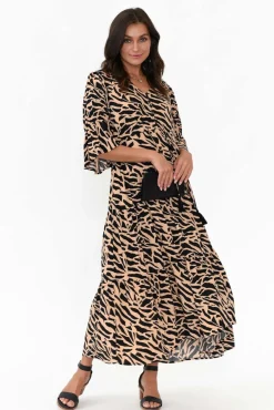 Midi Dresses<Willow Tree Nelly Brown Abstract Button Tier Dress