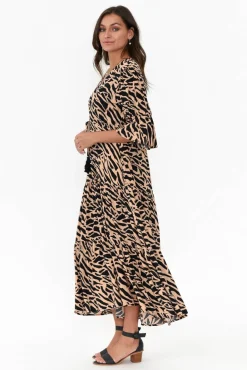 Midi Dresses<Willow Tree Nelly Brown Abstract Button Tier Dress