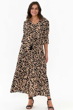 Midi Dresses<Willow Tree Nelly Brown Abstract Button Tier Dress