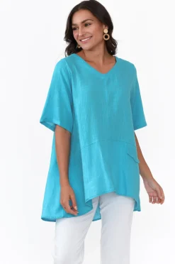 Linen Tops<Ruby Rain Neptune Aqua Linen Cotton Top