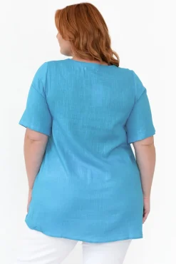 Linen Tops<Ruby Rain Neptune Aqua Linen Cotton Top
