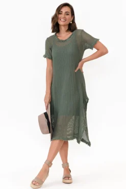 Cotton Dresses<Donna Donna Nessy Khaki Cotton Woven Frayed Dress