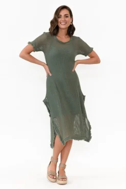 Cotton Dresses<Donna Donna Nessy Khaki Cotton Woven Frayed Dress