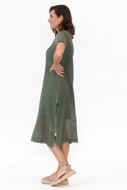 Cotton Dresses<Donna Donna Nessy Khaki Cotton Woven Frayed Dress