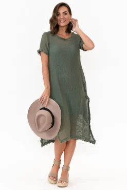 Cotton Dresses<Donna Donna Nessy Khaki Cotton Woven Frayed Dress