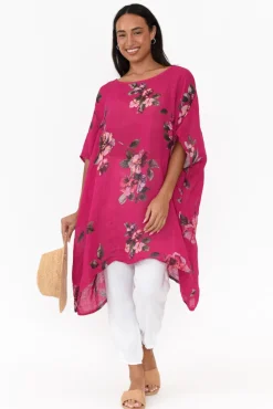 Linen Tops<Donna Donna Noemi Hot Pink Floral Linen Kaftan Tunic
