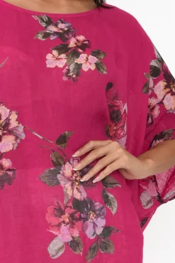 Linen Tops<Donna Donna Noemi Hot Pink Floral Linen Kaftan Tunic