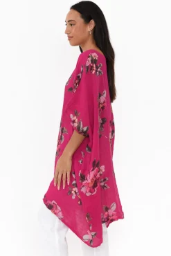 Linen Tops<Donna Donna Noemi Hot Pink Floral Linen Kaftan Tunic