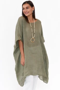 Linen Tops<Donna Donna Noemi Khaki Linen Kaftan Tunic