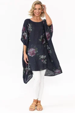 Linen Tops<Donna Donna Noemi Navy Floral Linen Kaftan Tunic