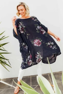 Linen Tops<Donna Donna Noemi Navy Floral Linen Kaftan Tunic