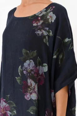 Linen Tops<Donna Donna Noemi Navy Floral Linen Kaftan Tunic