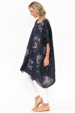 Linen Tops<Donna Donna Noemi Navy Floral Linen Kaftan Tunic