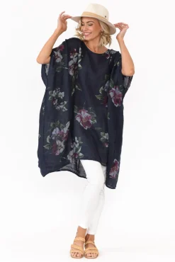 Linen Tops<Donna Donna Noemi Navy Floral Linen Kaftan Tunic