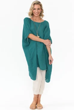 Tunic Tops<Donna Donna Noemi Teal Linen Kaftan Tunic