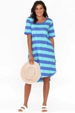 Cotton Dresses<Betty Basics Nyree Aqua Stripe Hi Lo Cotton Dress