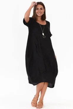 Linen Dresses<Cali and Co Oriana Black Sleeved Linen Dress