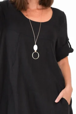 Linen Dresses<Cali and Co Oriana Black Sleeved Linen Dress