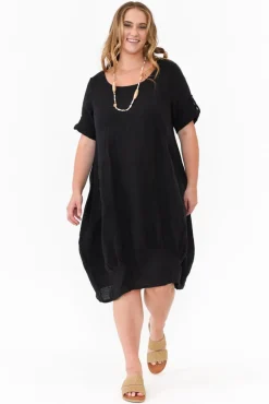 Linen Dresses<Cali and Co Oriana Black Sleeved Linen Dress