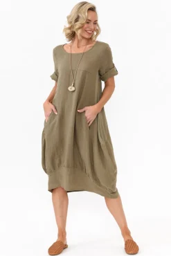 Linen Dresses<Cali and Co Oriana Khaki Sleeved Linen Dress