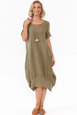 Linen Dresses<Cali and Co Oriana Khaki Sleeved Linen Dress