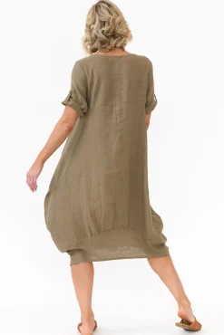 Linen Dresses<Cali and Co Oriana Khaki Sleeved Linen Dress