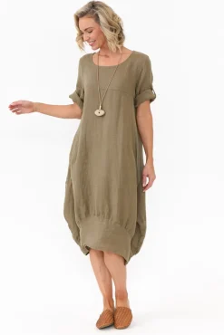 Linen Dresses<Cali and Co Oriana Khaki Sleeved Linen Dress