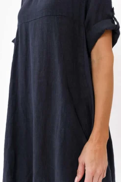 Linen Dresses<Cali and Co Oriana Navy Sleeved Linen Dress