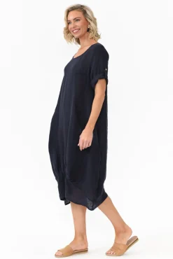 Linen Dresses<Cali and Co Oriana Navy Sleeved Linen Dress