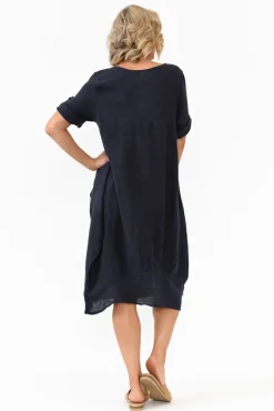 Linen Dresses<Cali and Co Oriana Navy Sleeved Linen Dress