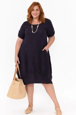 Linen Dresses<Cali and Co Oriana Navy Sleeved Linen Dress