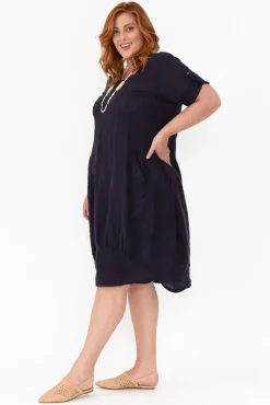Linen Dresses<Cali and Co Oriana Navy Sleeved Linen Dress
