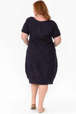 Linen Dresses<Cali and Co Oriana Navy Sleeved Linen Dress