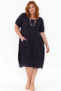 Linen Dresses<Cali and Co Oriana Navy Sleeved Linen Dress