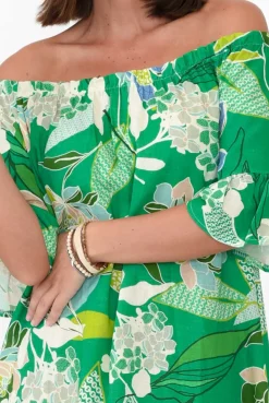 Cotton Dresses<Rosa Jojo Ornella Green Tropical Linen Cotton Dress