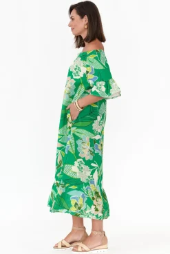 Cotton Dresses<Rosa Jojo Ornella Green Tropical Linen Cotton Dress